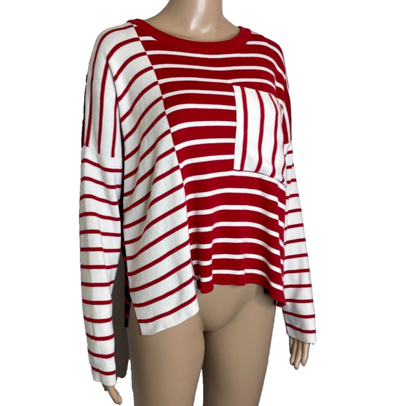 Women's Small Cabi Pocket Pullover Stripe Ribbed Crewneck Sweater Red White - Picture 2 of 5